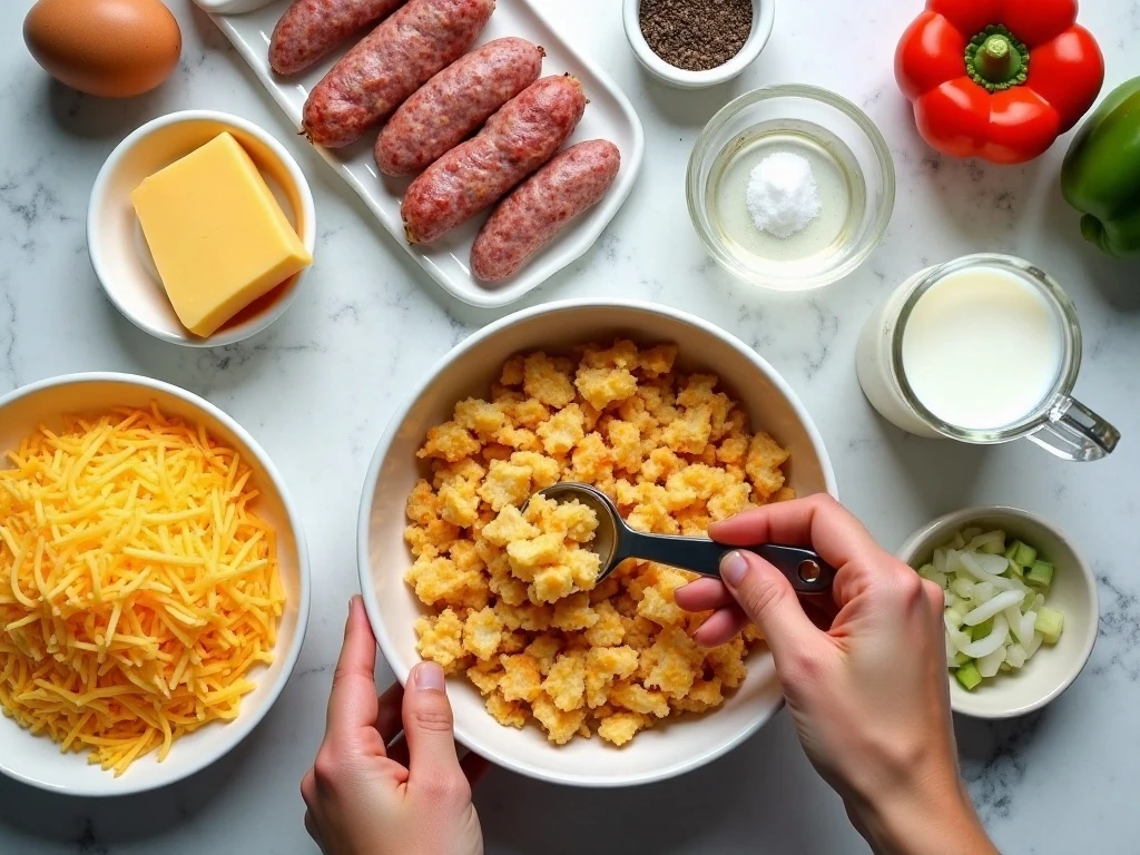 Ingredients for sausage hash brown breakfast casserole