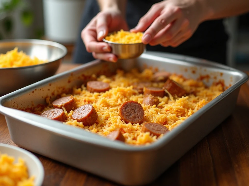 Layering sausage and hash browns for breakfast casserole