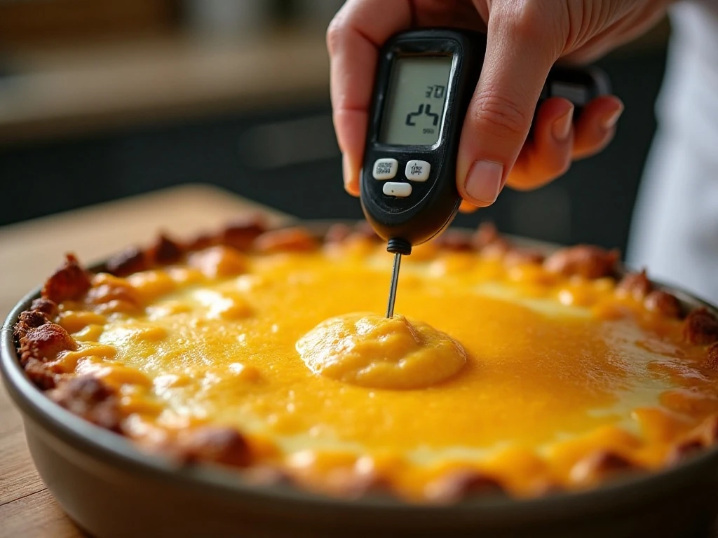 Checking the internal temperature of a baked breakfast casserole