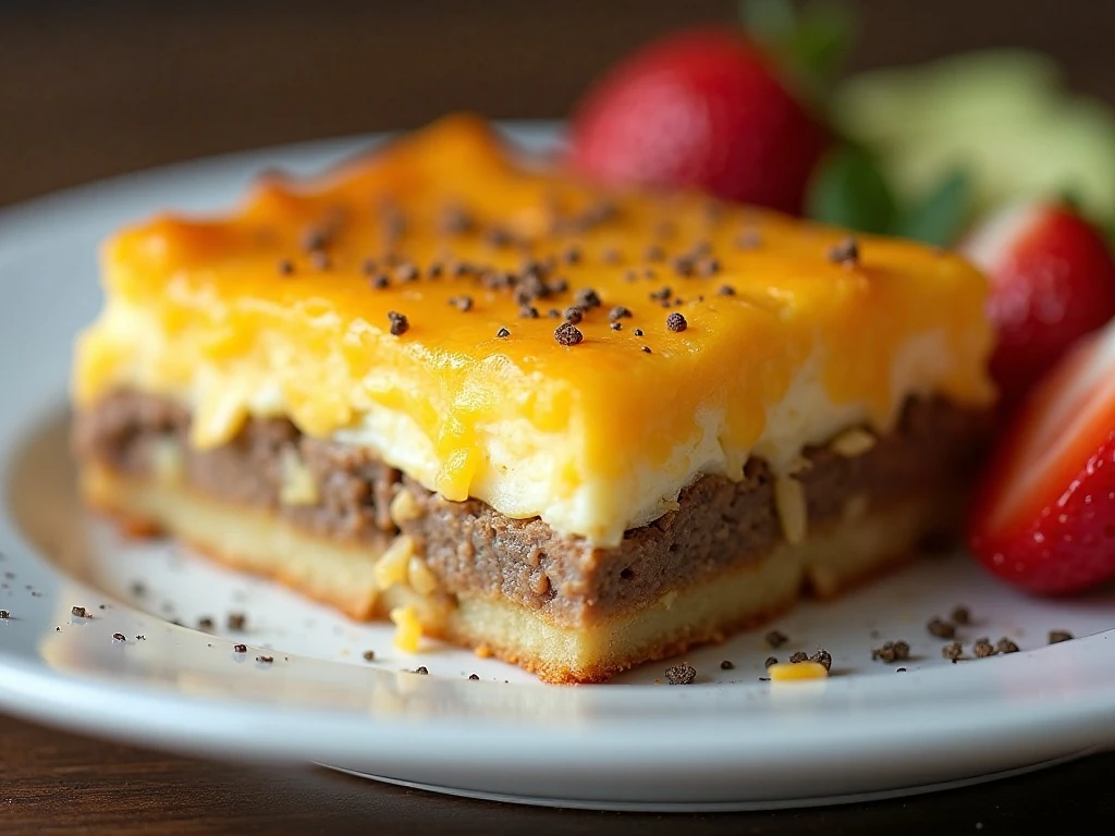 Close-up of cheesy sausage breakfast casserole with fruit