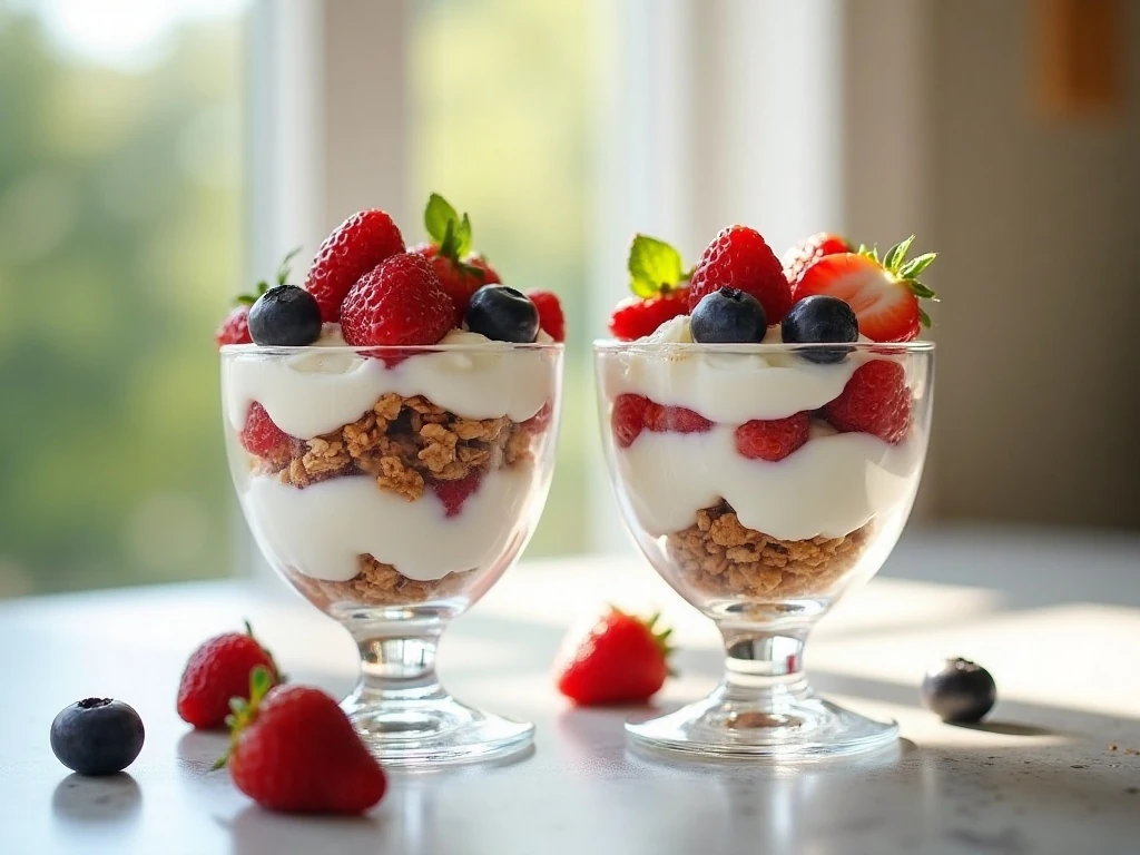 Two colorful Greek yogurt breakfast parfaits layered with berries and granola