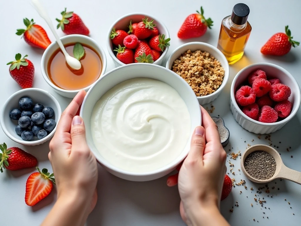 Ingredients for an easy berry yogurt breakfast parfait