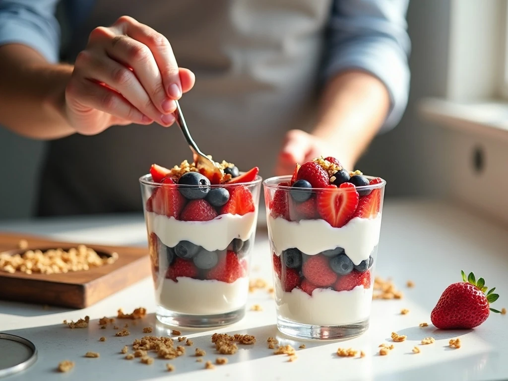 Layering yogurt, berries, and granola to make breakfast parfaits