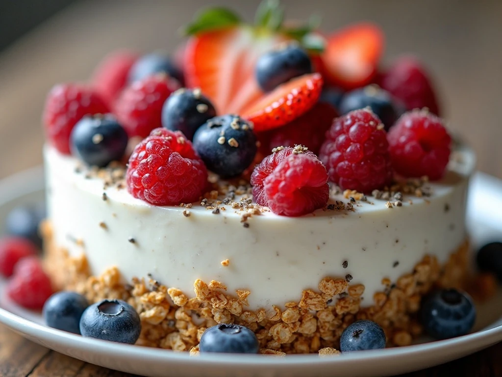 Close-up of crisp granola and fresh berries on a yogurt parfait