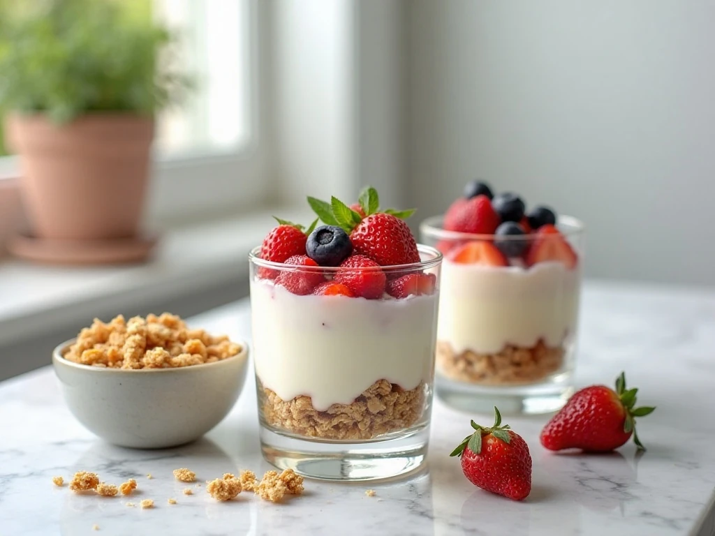 Ready-to-serve breakfast parfaits with extra granola and berries