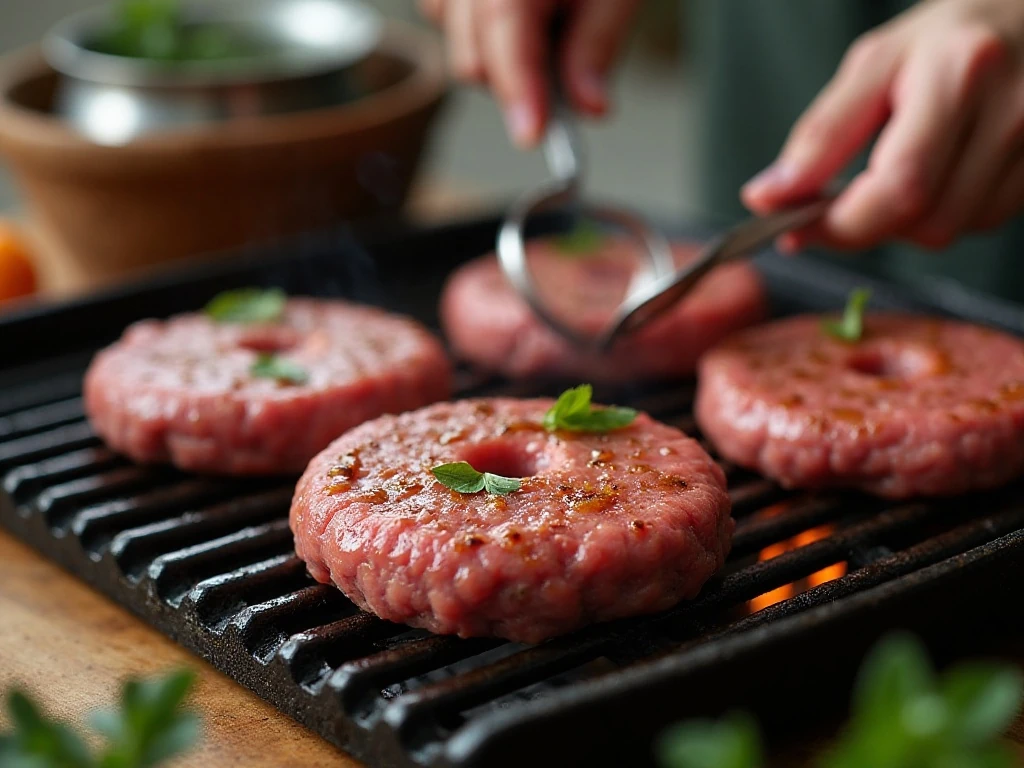 Beef burger patties cooking on a hot grill