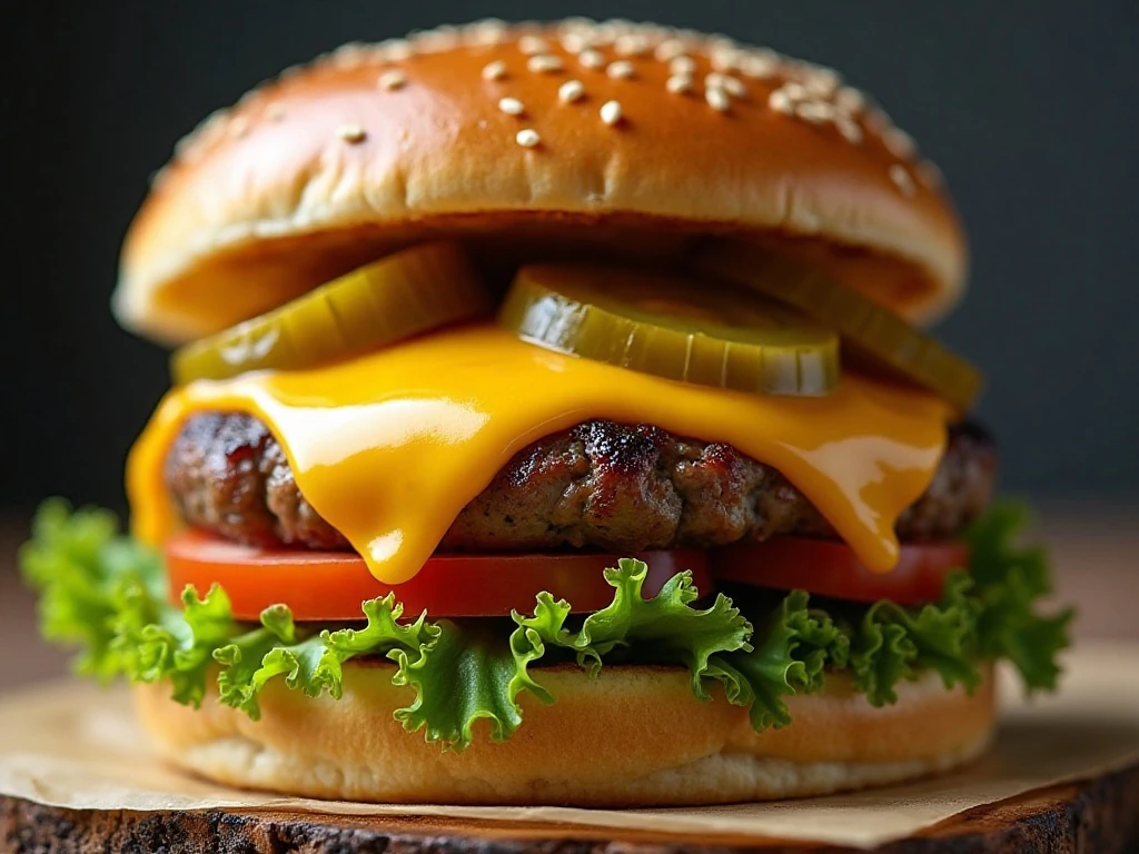 Close-up of a juicy cheeseburger with fresh toppings