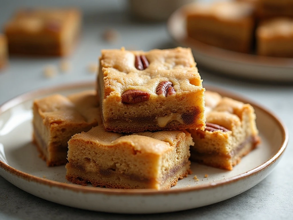 Chewy butter pecan blondies arranged on a plate