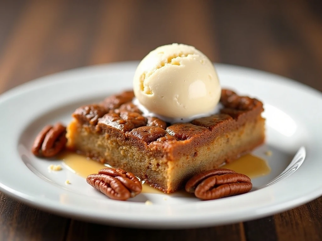 Butter pecan blondie served with vanilla ice cream