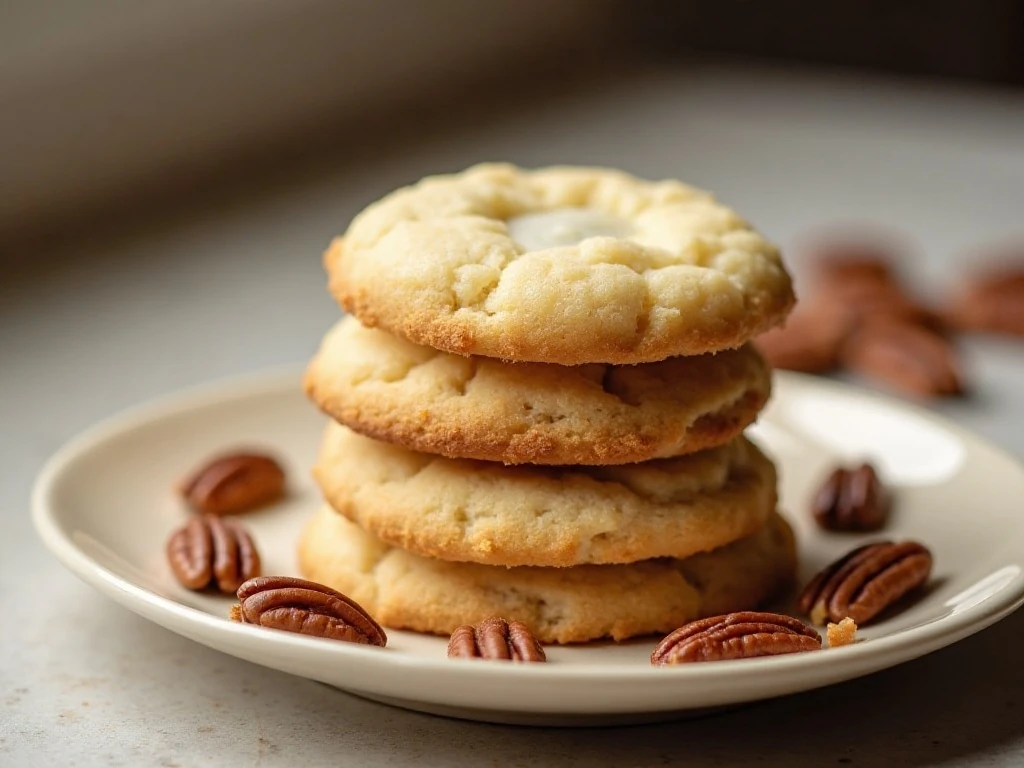 Stack of homemade butter pecan shortbread cookies