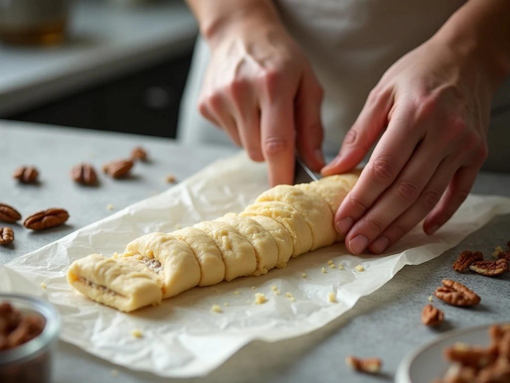Slicing chilled shortbread dough into cookies