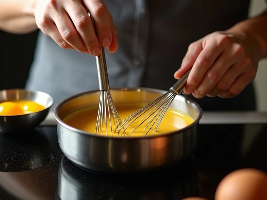 Whisking butterscotch custard on the stovetop