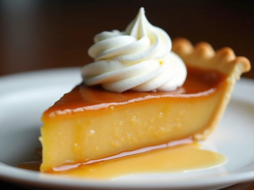 Close-up slice of butterscotch pie topped with whipped cream