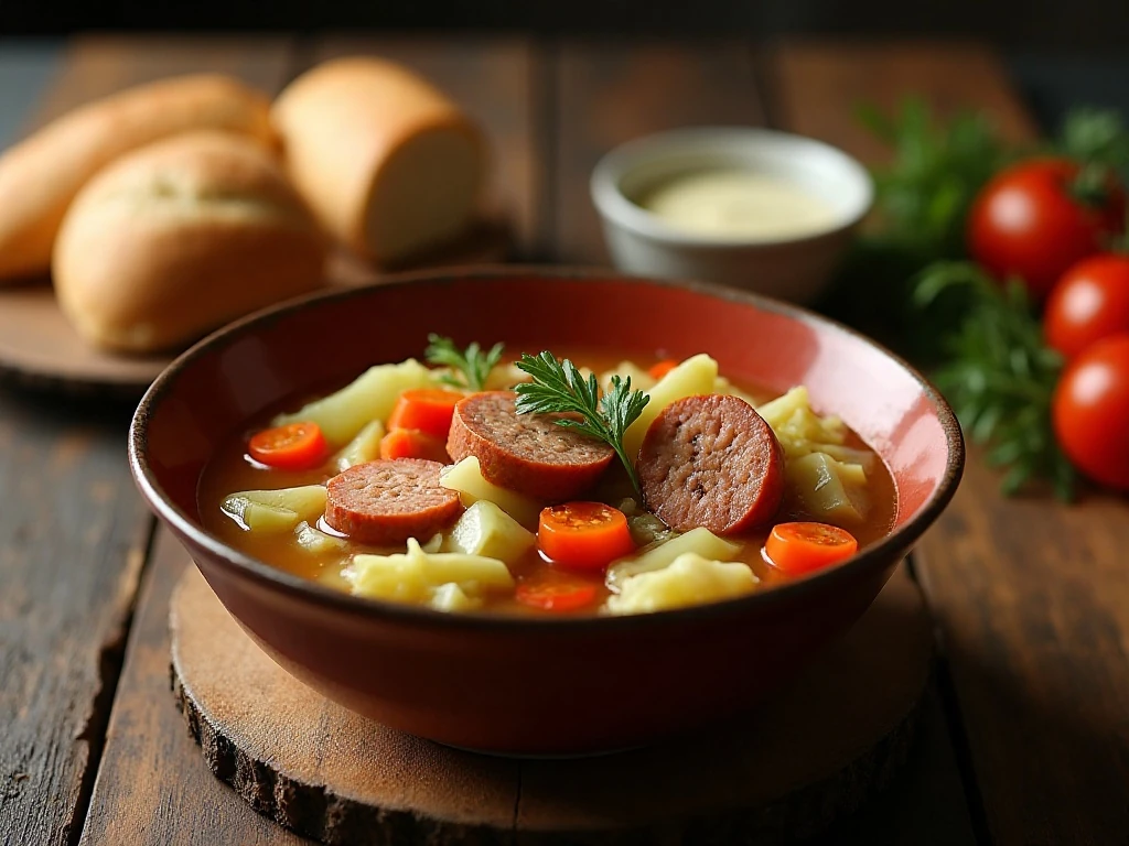 Hearty cabbage and sausage soup served for a cozy dinner