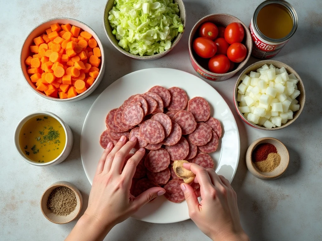 Ingredients for easy cabbage and sausage soup