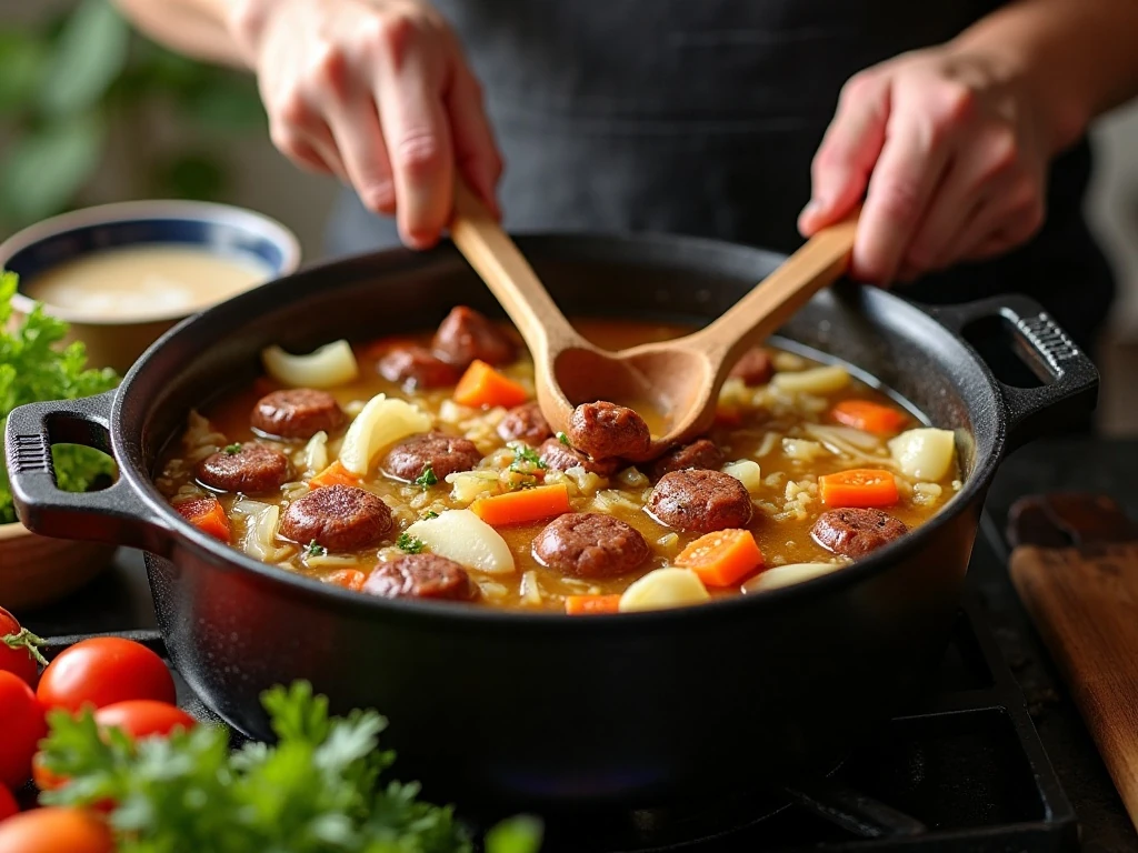 Cooking cabbage and sausage soup in a Dutch oven