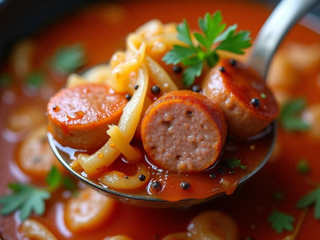 Close-up of browned sausage and tender cabbage in soup