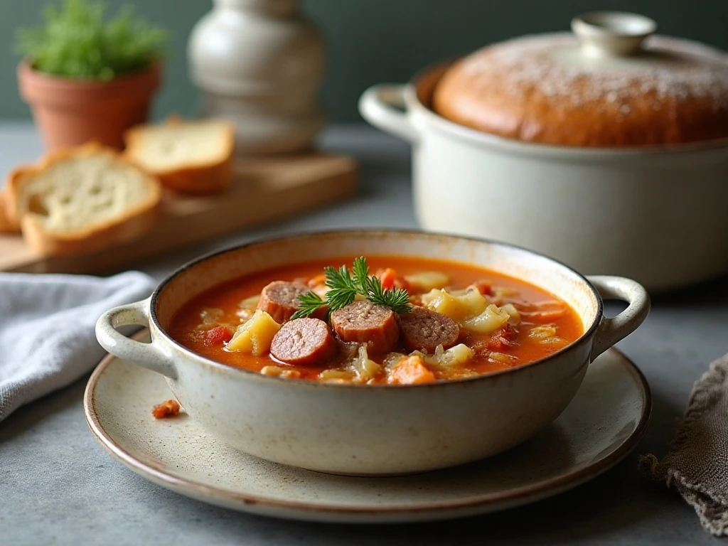 Cabbage and sausage soup served with bread and leftovers