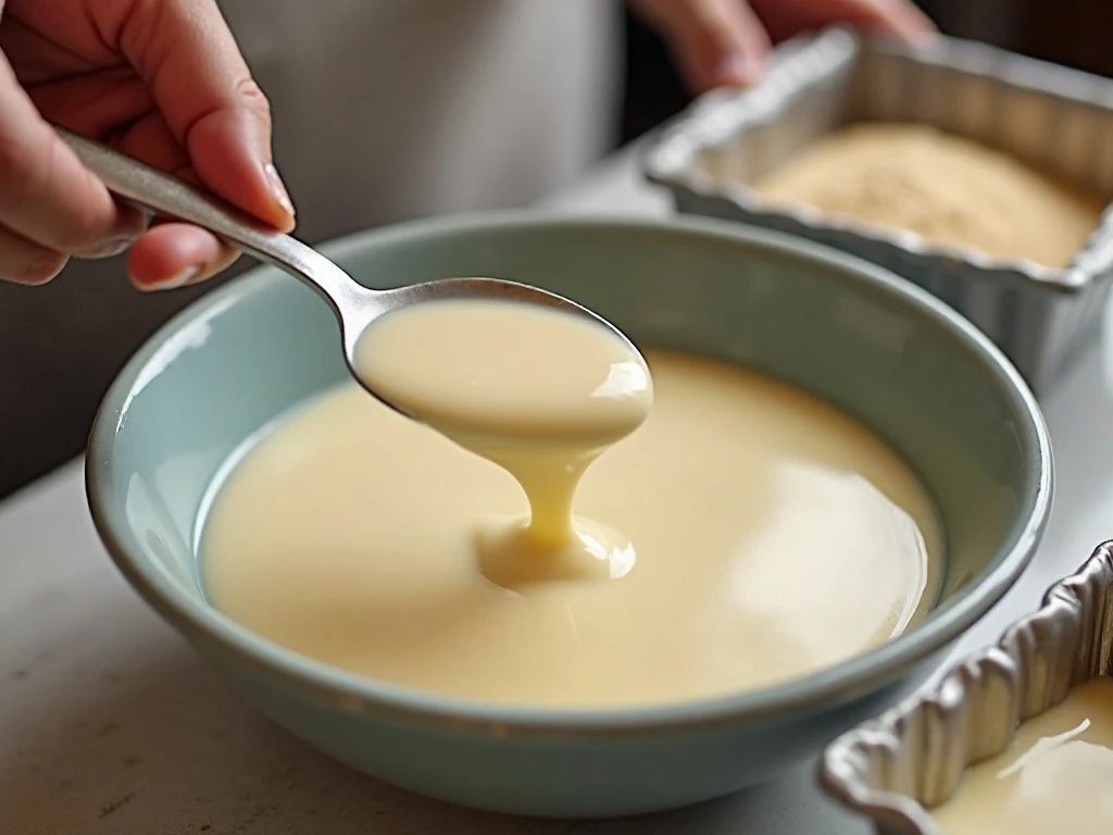 Stirring melted white chocolate and condensed milk for cake batter fudge