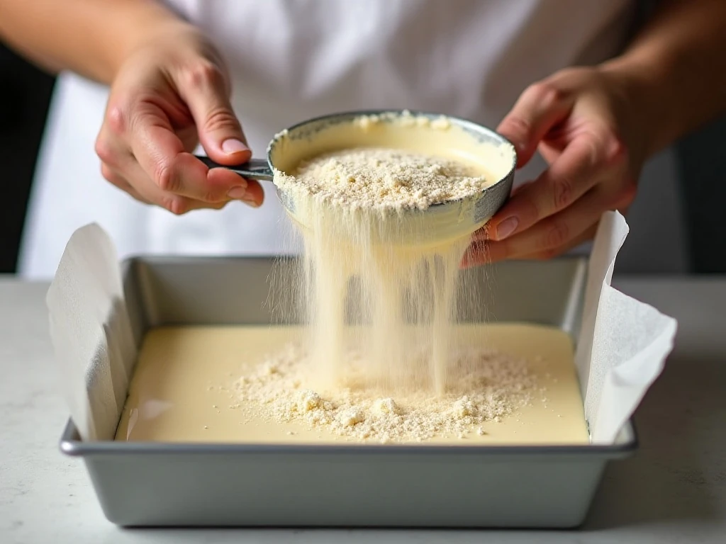 Sifting cake mix into the melted fudge mixture