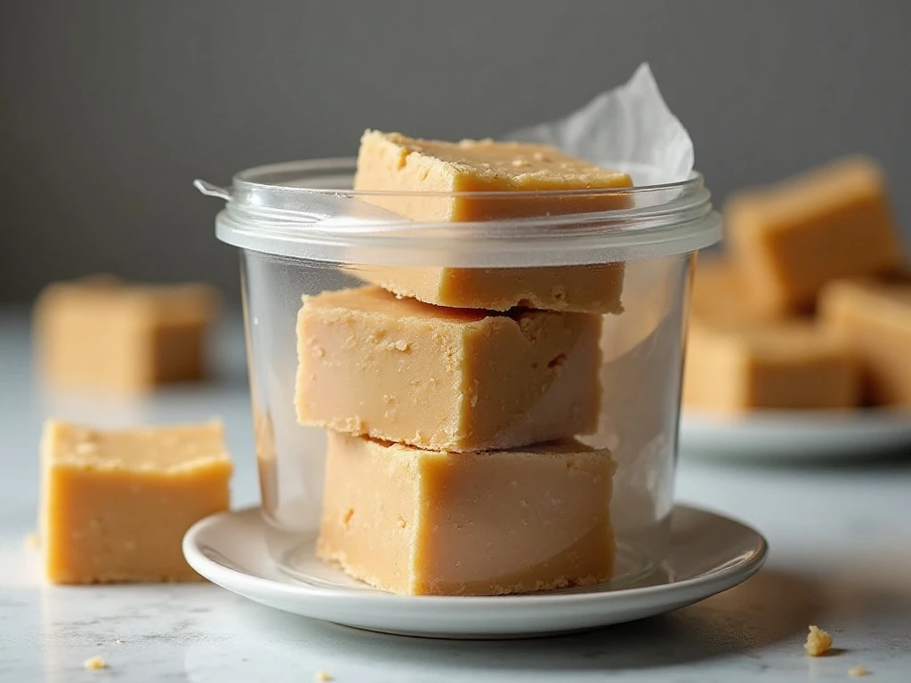 Cake batter fudge squares stored in an airtight container