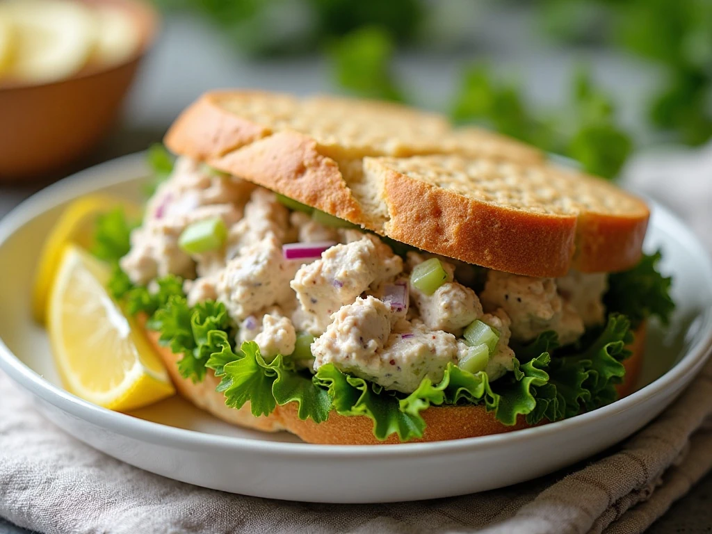 Classic canned tuna salad sandwich with celery, red onion, and lemon