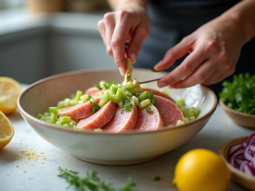 Mixing canned tuna with creamy dressing and crunchy vegetables
