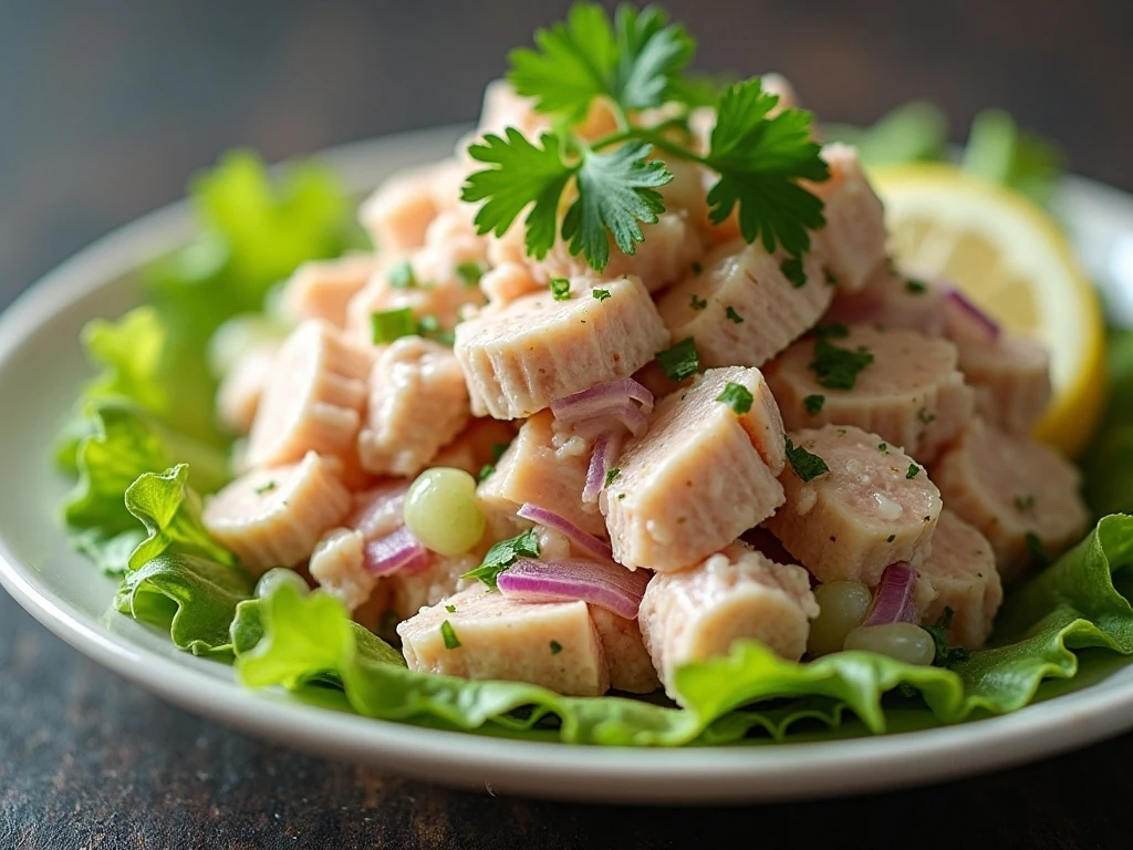 Close-up of creamy tuna salad with crisp vegetables and parsley