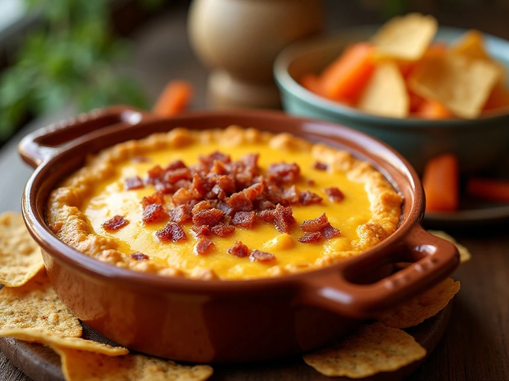 Warm cheddar bacon loaded dip served with tortilla chips and vegetables