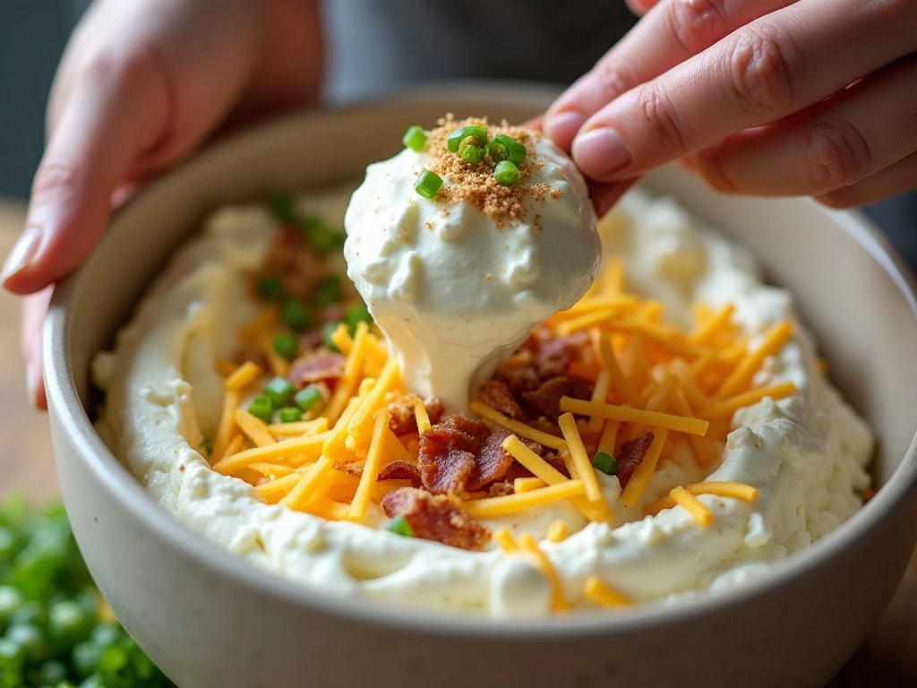 Mixing the creamy cheddar bacon dip ingredients