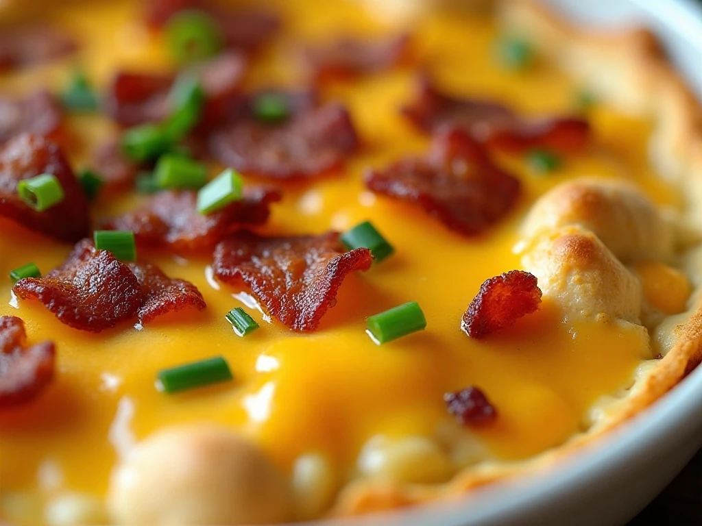 Close-up garnish detail on creamy cheddar bacon dip