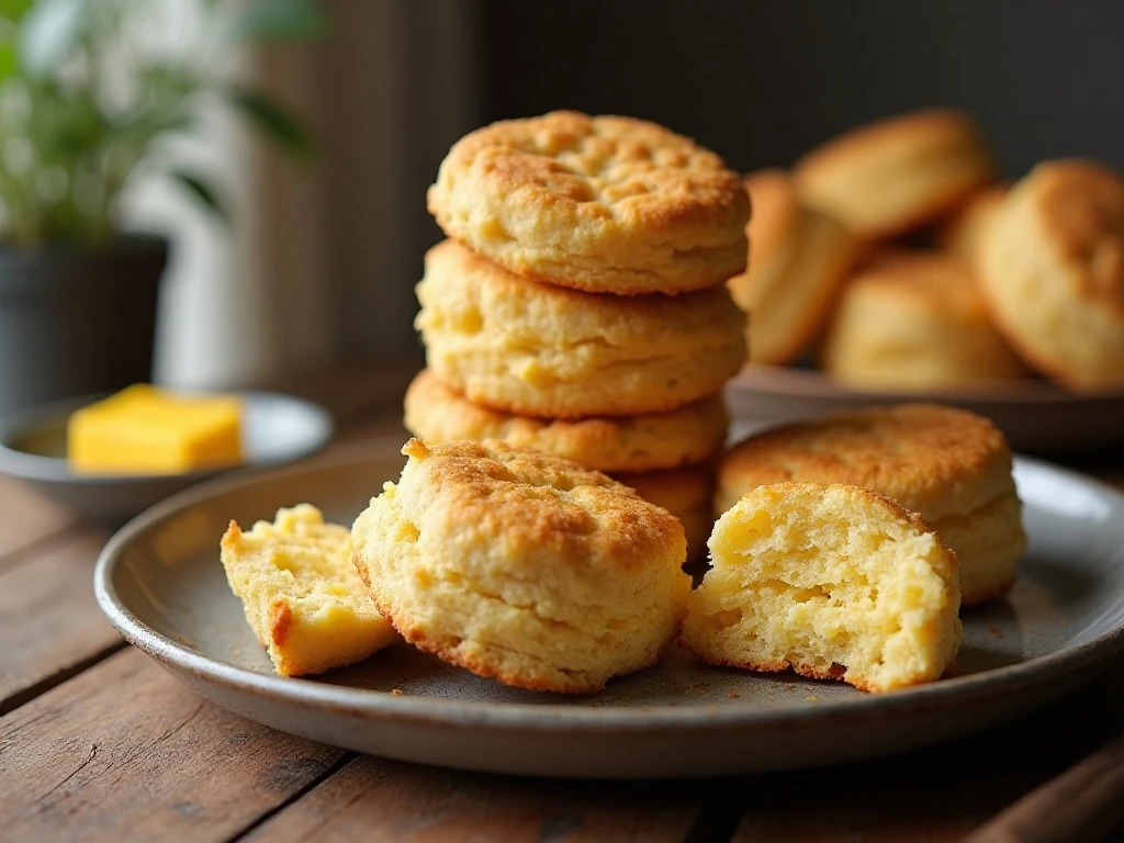 Golden flaky cheddar biscuits stacked on a serving plate