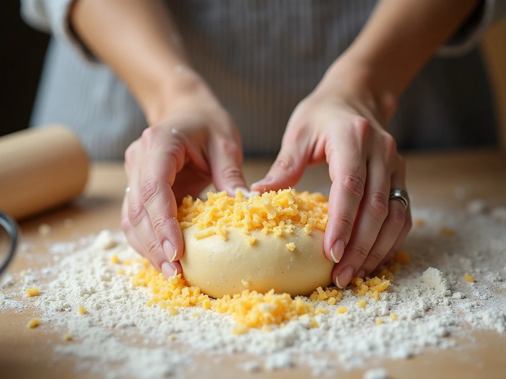 Gently folding cheddar biscuit dough to create flaky layers