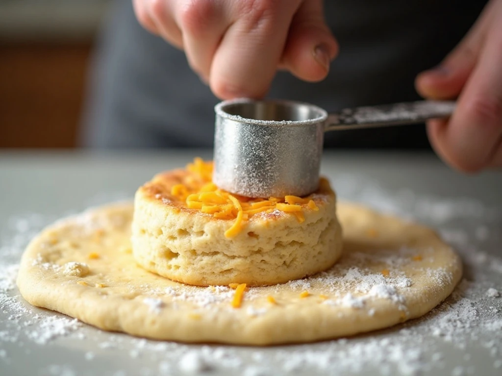 Cutting cheddar biscuit dough with a sharp biscuit cutter