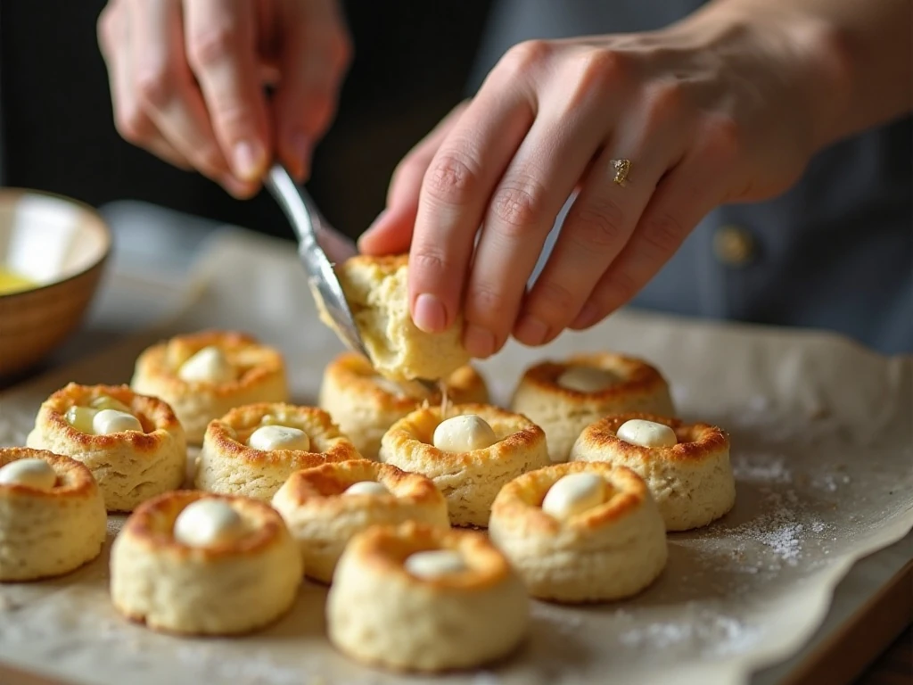 Stuffing biscuit dough with mozzarella for pull-apart garlic bread