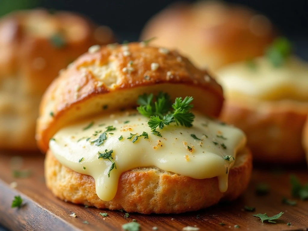 Close-up of stretchy mozzarella inside garlic bread