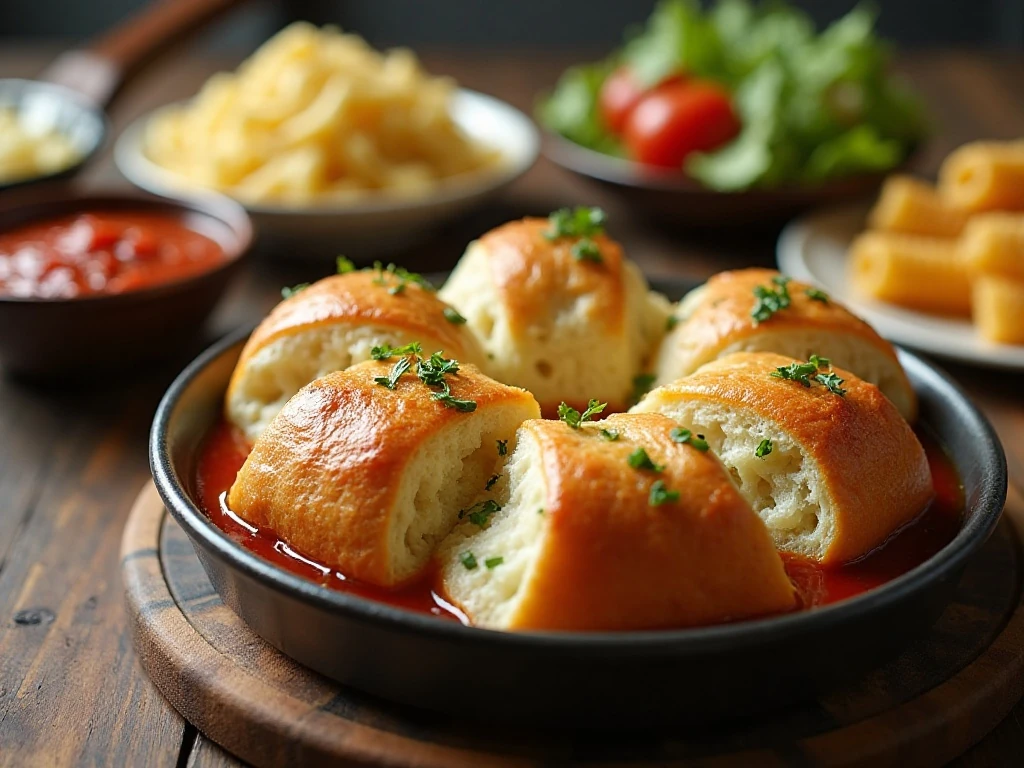 Cheese pull-apart garlic bread served with dipping sauce and dinner