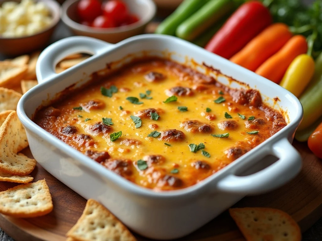 Hot creamy cheeseburger dip surrounded by chips, crackers, bread, and vegetables
