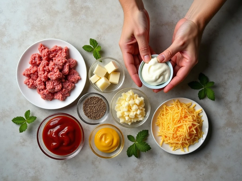 Ingredients for easy cheeseburger dip arranged for cooking