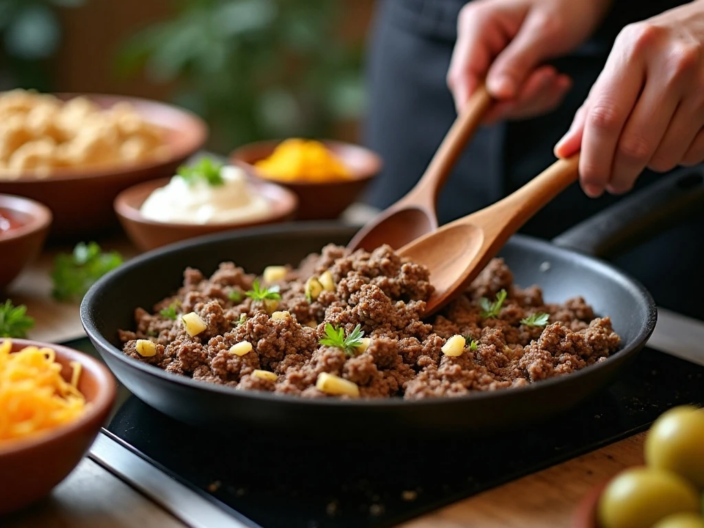 Ground beef, onion, and garlic cooking for cheeseburger dip