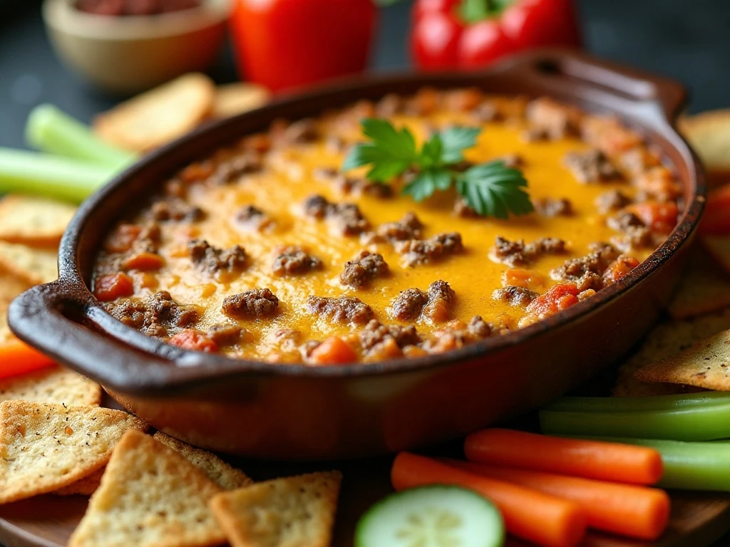Cheeseburger dip with assorted chips, bread, crackers, and vegetables