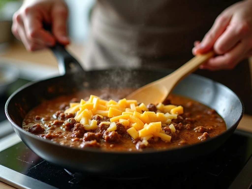 Creamy beef and cheese mixture being stirred in a skillet