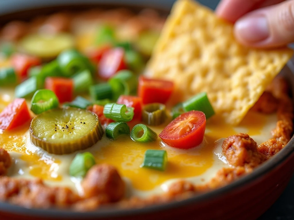 Cheeseburger dip topped with pickles, green onion, and diced tomato