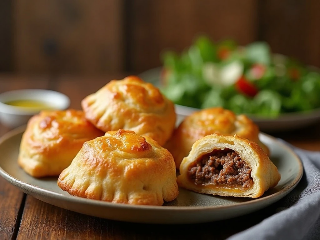 Golden cheesy beef and potato puff pastry pockets served for dinner