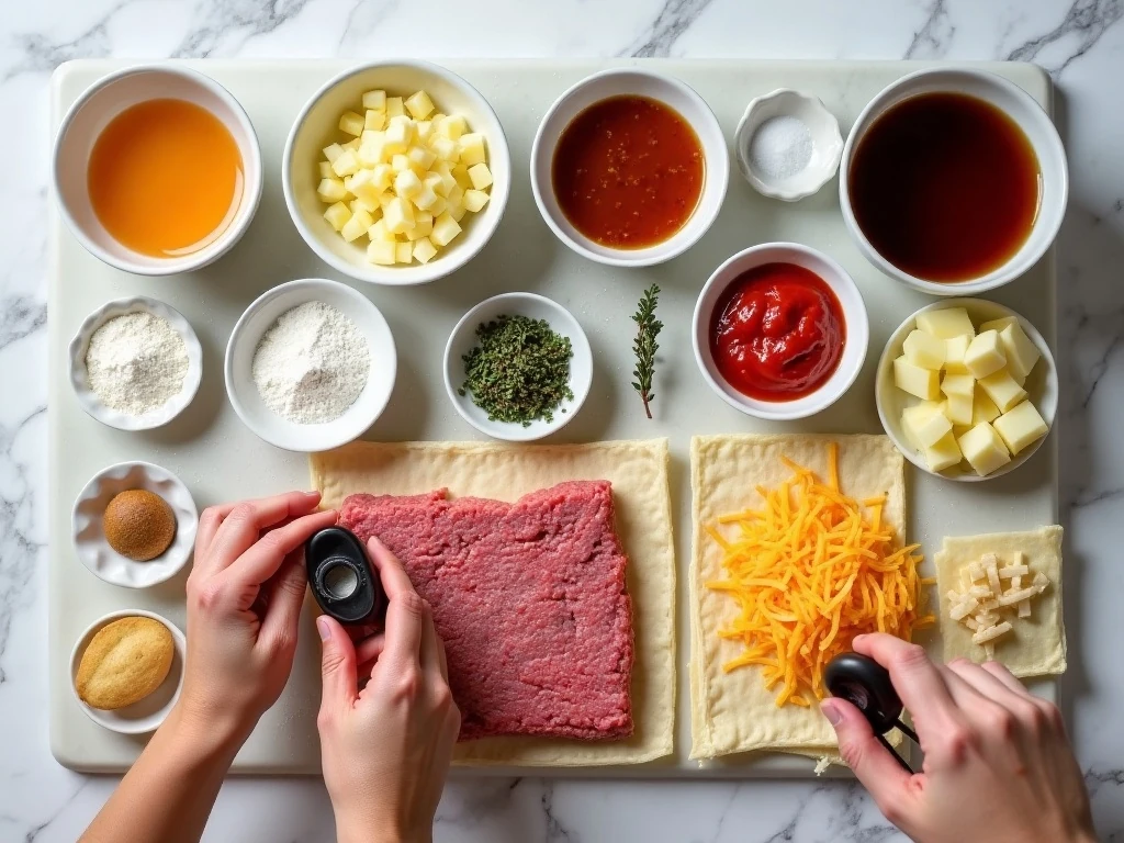Ingredients for cheesy beef onion and potato puff pastry pockets