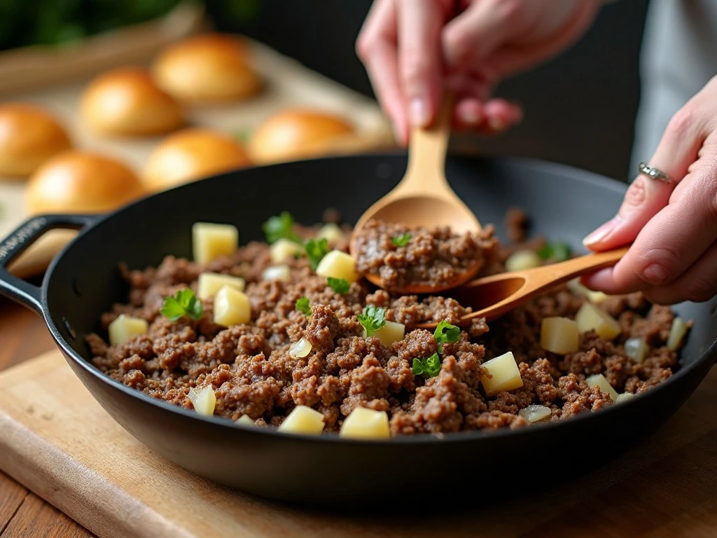 Cooking the beef onion and potato filling for puff pastry pockets