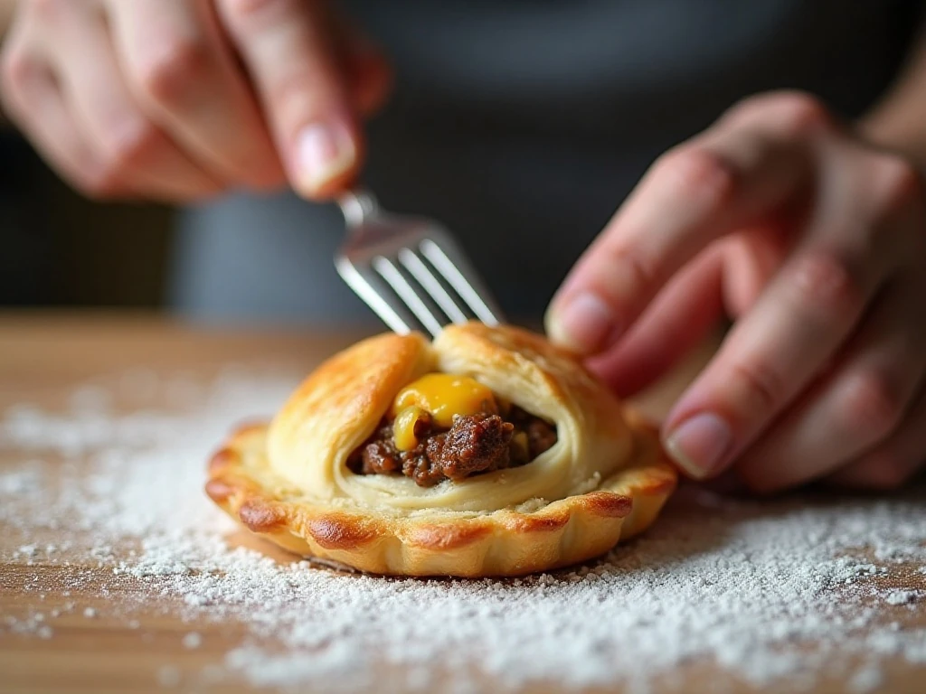 Crimping puff pastry edges around beef and potato filling