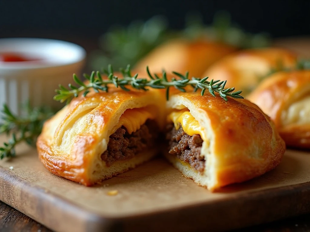 Close-up of cheesy beef and potato puff pastry pocket with garnish