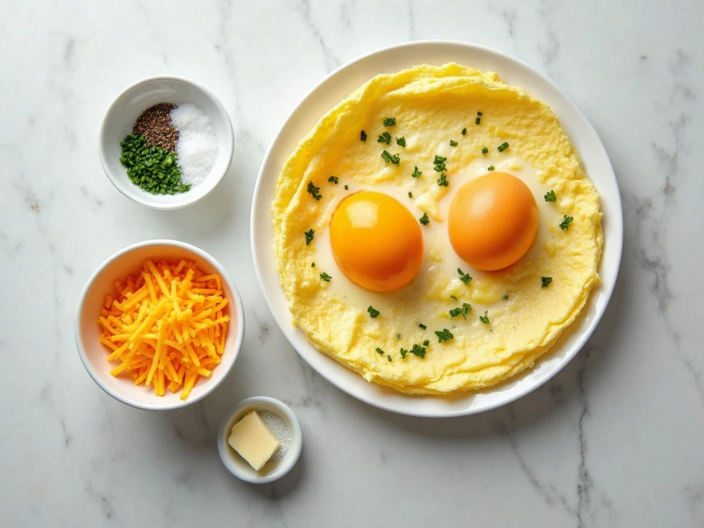 Ingredients for an easy cheesy omelet arranged on a kitchen counter