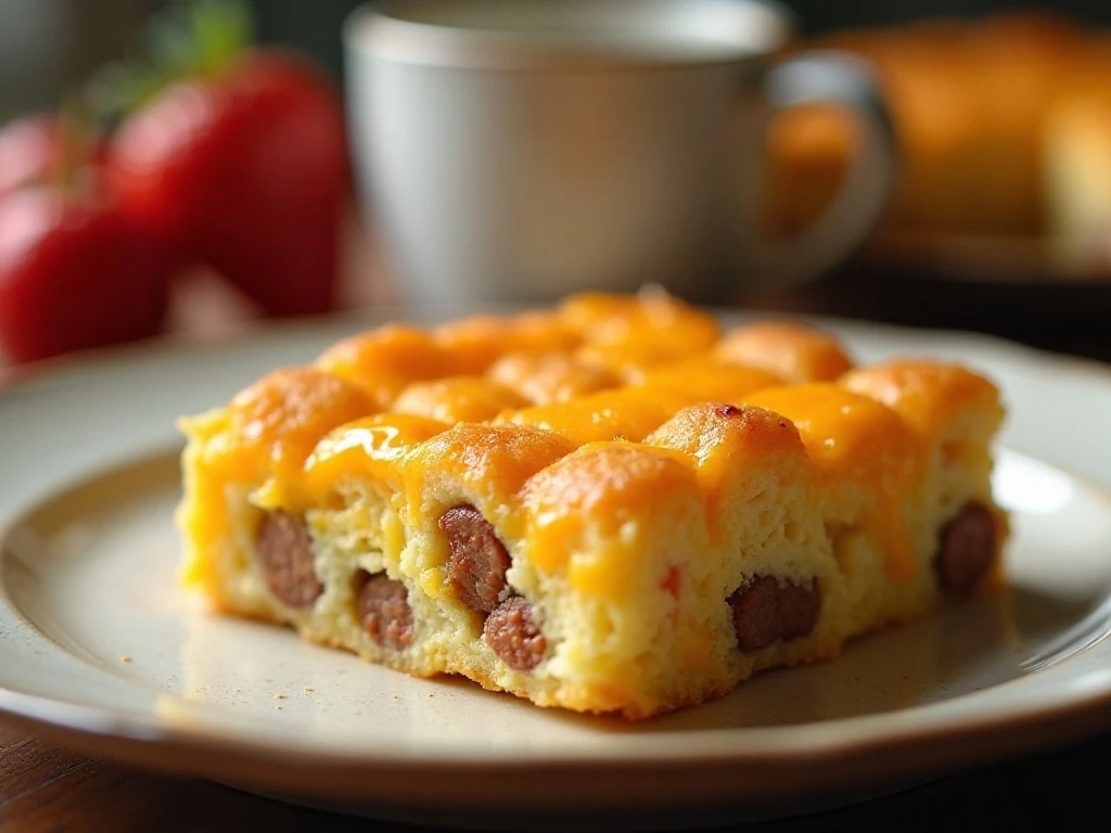 Slice of cheesy tater tot casserole with breakfast sausage served for breakfast
